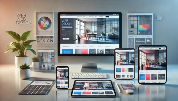A digital illustration showcasing web design across multiple devices, including a desktop computer, laptop, tablet, and smartphone, all displaying consistent website layouts.
