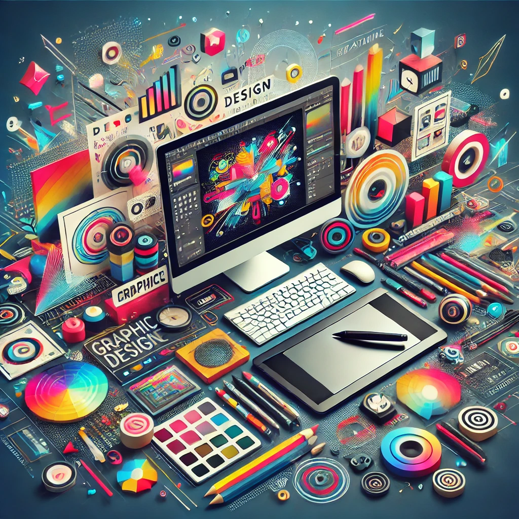 A vibrant digital art workstation featuring a desktop computer displaying a graphic design project, surrounded by colorful tools like color palettes, pencils, digital drawing tablet, design charts, and creative elements.