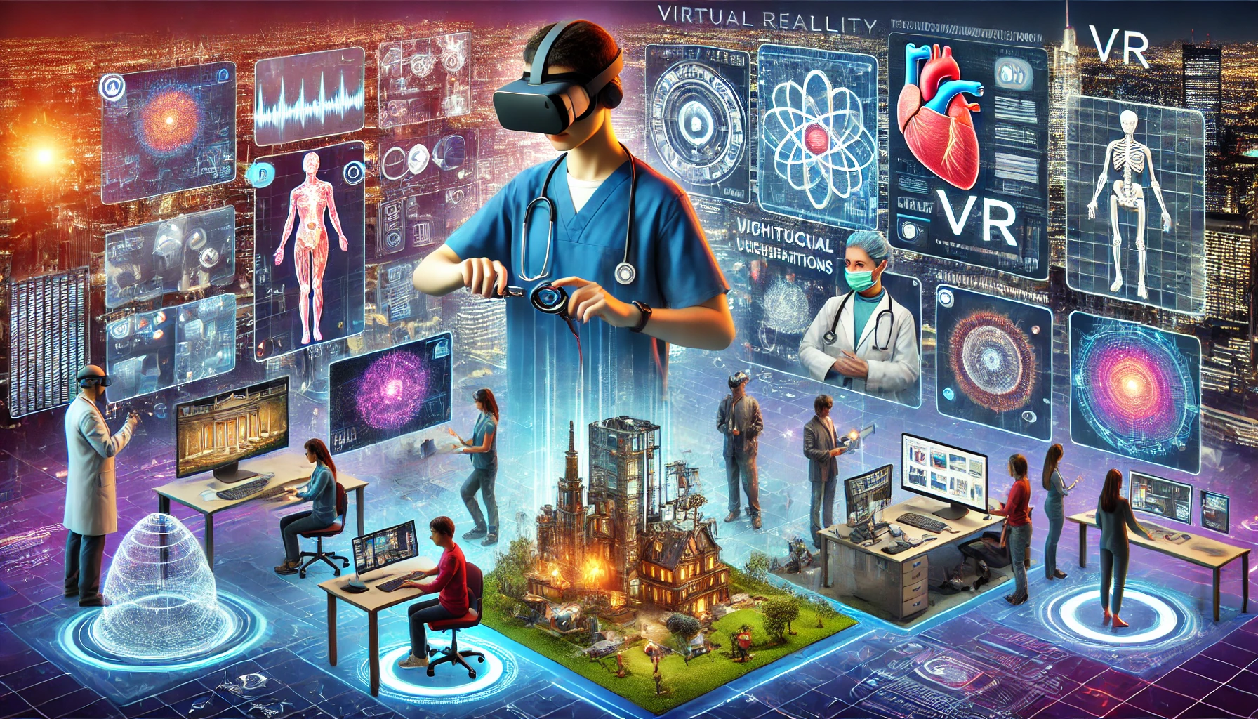 Medical professionals and students using virtual reality for healthcare, scientific research, and immersive learning in a futuristic digital environment.