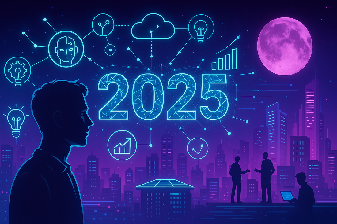 Futuristic digital interface with AI, cloud tools, and wellness professionals adapting to new technologies—representing digital transformation in 2025.
