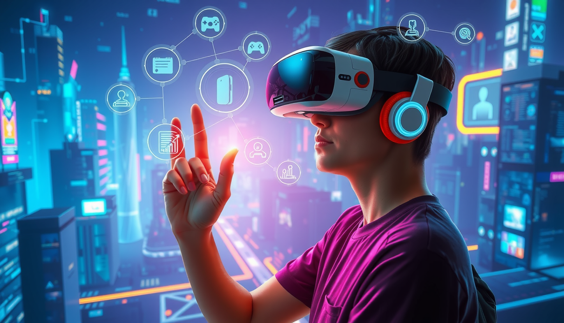 Person using virtual reality headset interacting with digital interfaces in a futuristic metaverse environment representing current metaverse trends.