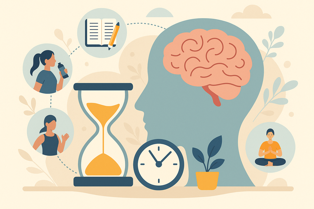 Illustration of two women engaging in light physical activity alongside visuals of a brain, a wristwatch, and a book—symbolizing how short, consistent habits impact mental and physical wellness.