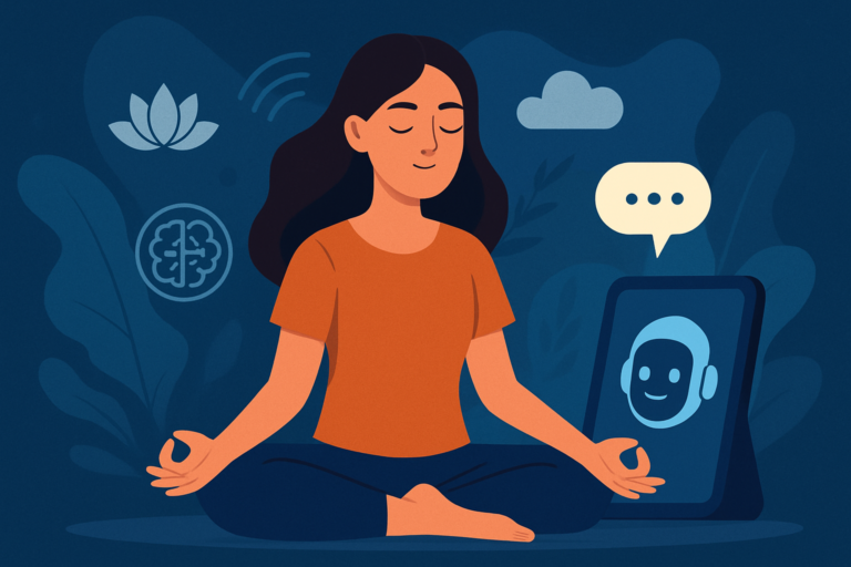 Illustration of a woman meditating in front of a tablet displaying an AI assistant, symbolizing AI-guided mindfulness.