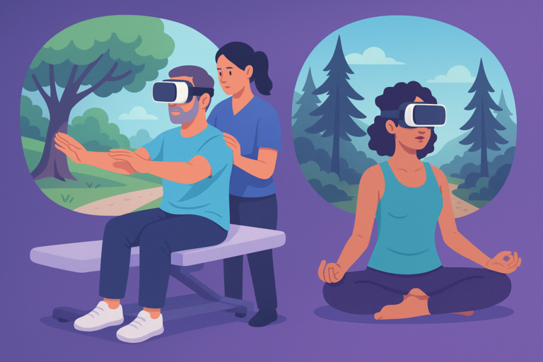Man doing physical therapy and woman meditating using VR headsets