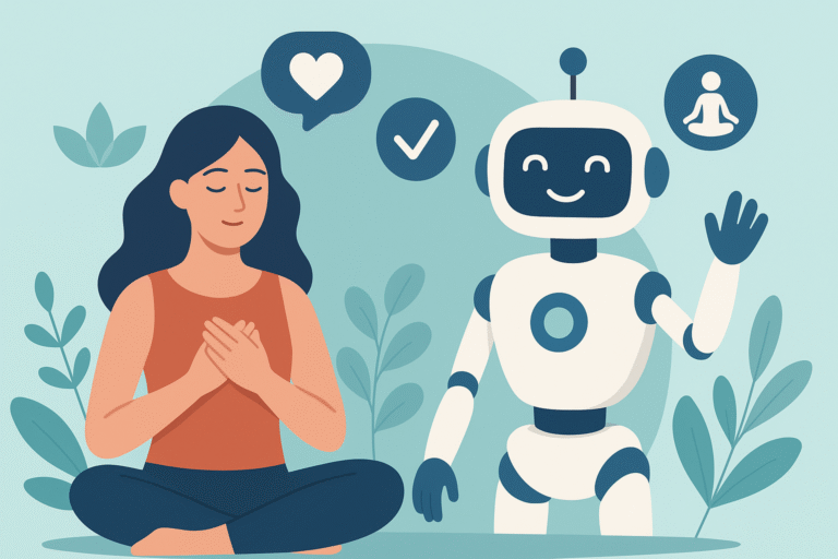 Illustration of a woman practicing mindfulness alongside a friendly AI robot in a wellness environment.
