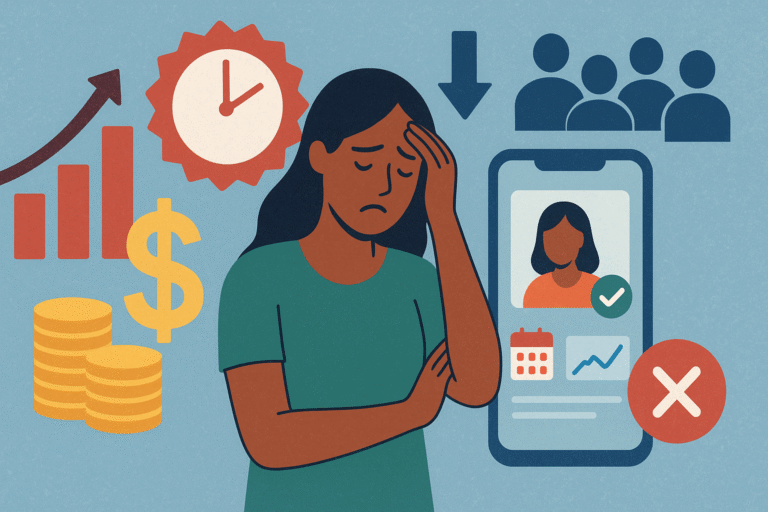 A worried wellness coach surrounded by digital icons like a smartphone app, coins, graphs, and a clock, symbolizing the cost of delaying digital adoption.