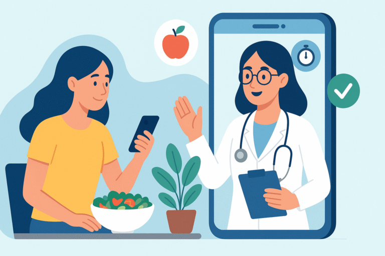 A nutritionist providing an online consultation to a client through a mobile app, symbolizing digital healthcare and personalized nutrition guidance.