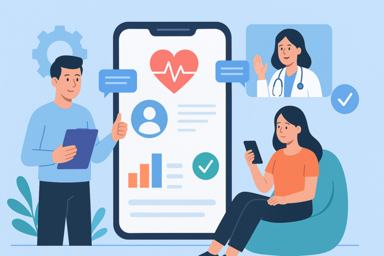 Illustration of a wellness app concept showing a developer with a tablet, a patient using a smartphone, and a doctor on a video call.