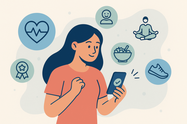 An illustration of a woman using a wellness app on her smartphone, surrounded by icons representing fitness, meditation, healthy eating, and progress trackin