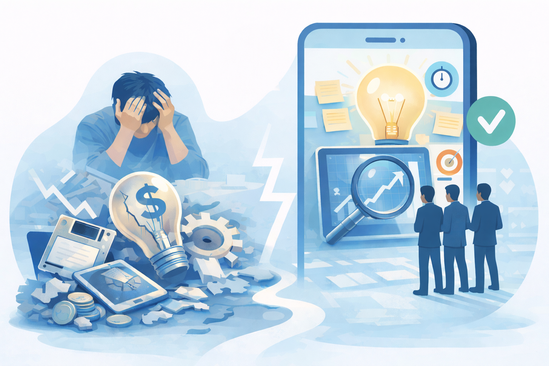 llustration showing a struggling entrepreneur with financial loss contrasted against a successful mobile app strategy with data analytics, idea validation, and business growth.
