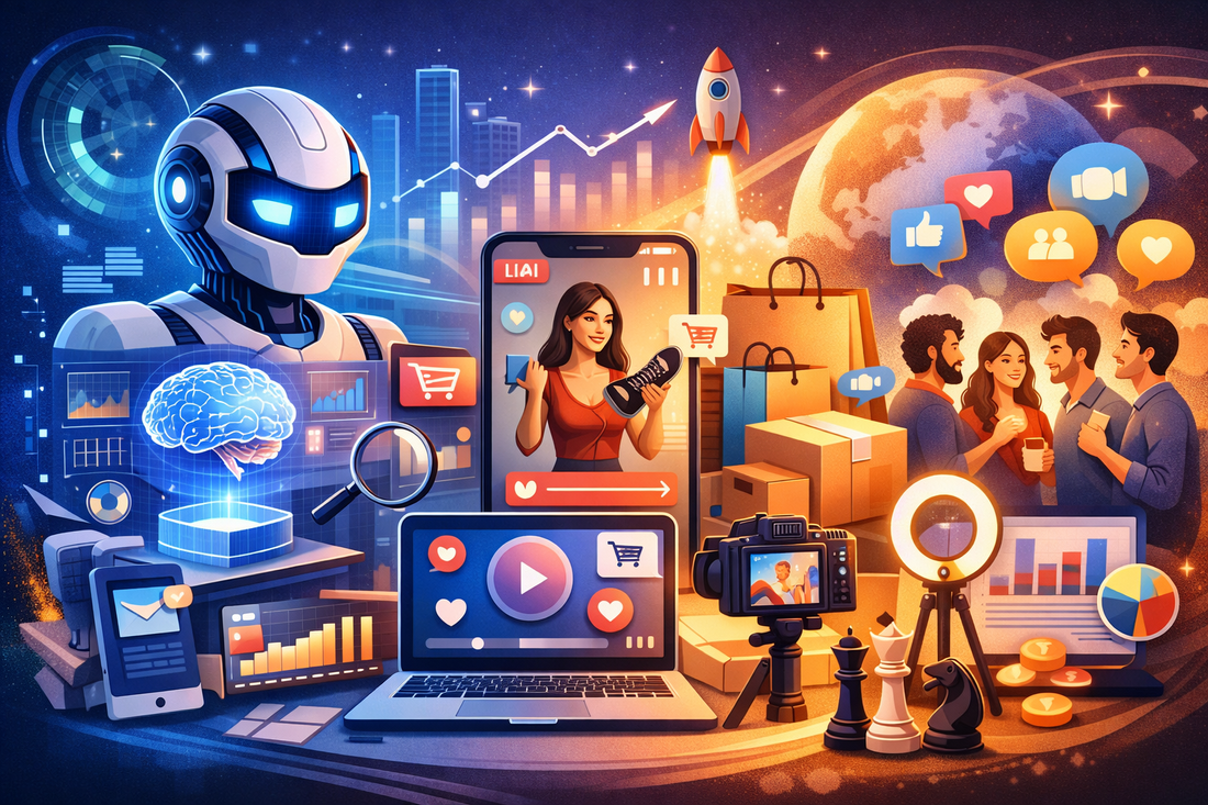 AI-powered digital marketing ecosystem showing social commerce, video content creation, influencer marketing, analytics dashboards, automation tools, and online shopping experiences.