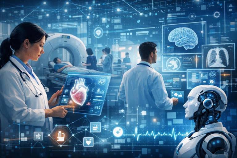 Clinicians use advanced digital interfaces and medical imaging alongside an AI humanoid system in a futuristic hospital environment.
