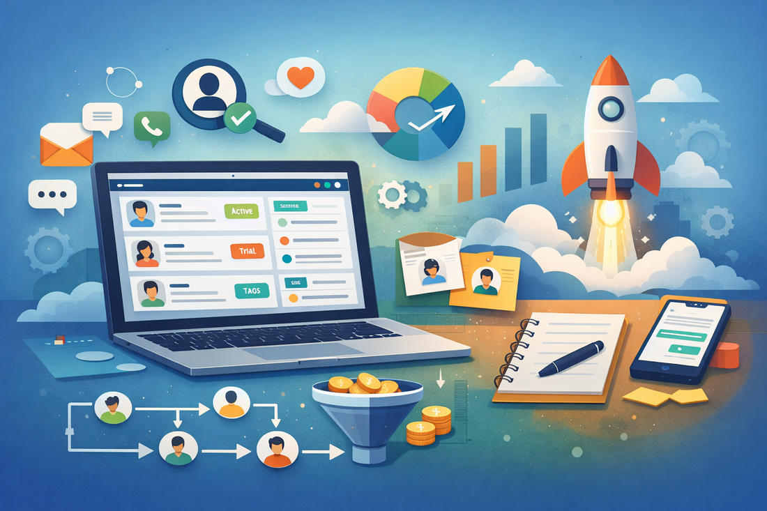 Illustration of a customer relationship management dashboard on a laptop, surrounded by icons representing contacts, analytics, messaging, sales funnels, and a rocket launch symbolizing business growth.
