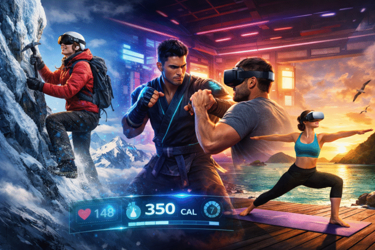 People wearing VR headsets engage in immersive fitness activities including mountain climbing, martial arts training, space combat, and meditation in virtual environments.