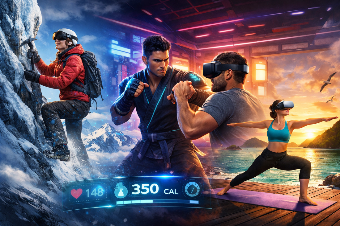 People wearing VR headsets engage in immersive fitness activities including mountain climbing, martial arts training, space combat, and meditation in virtual environments.