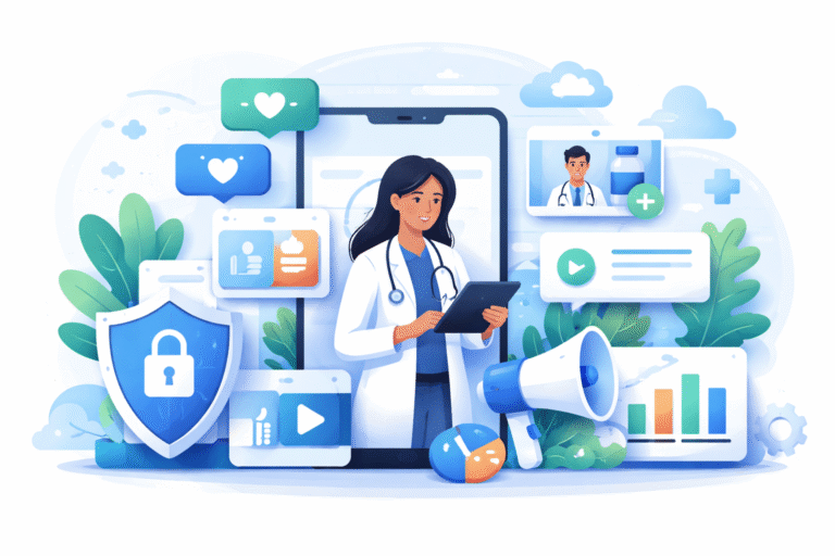 Healthcare professional using tablet with digital marketing icons, social media elements, analytics charts, and data security shield representing HIPAA-compliant healthcare marketing strategy.