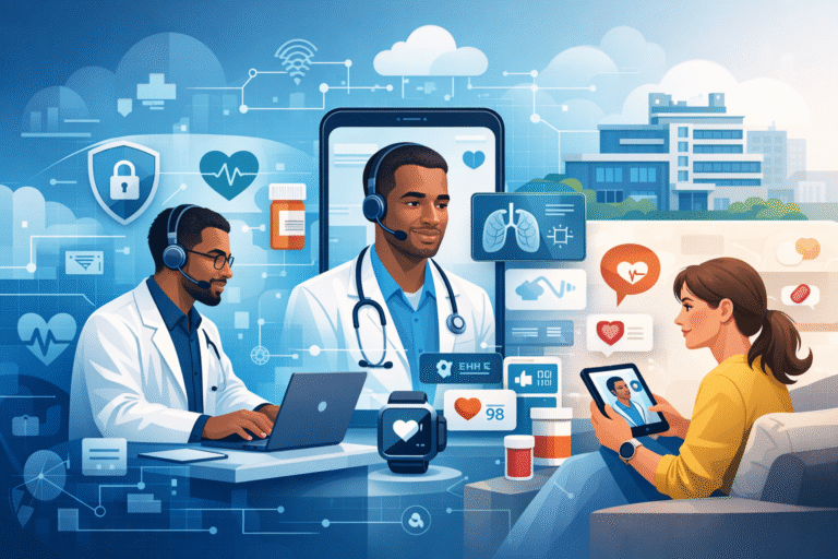 Doctor conducting a virtual telemedicine consultation with a patient on a tablet, surrounded by digital healthcare icons representing remote monitoring, security, and connected medical systems.