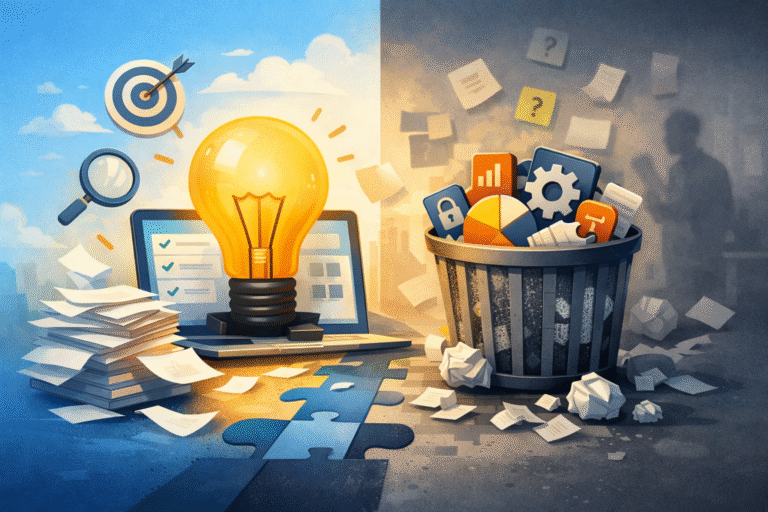 Illustration showing a split scene: on the left, a glowing light bulb emerging from a laptop with checklists, a target, and a magnifying glass symbolizing clarity and focus; on the right, a trash bin filled with charts, settings, and documents representing discarded ideas and unnecessary complexity.