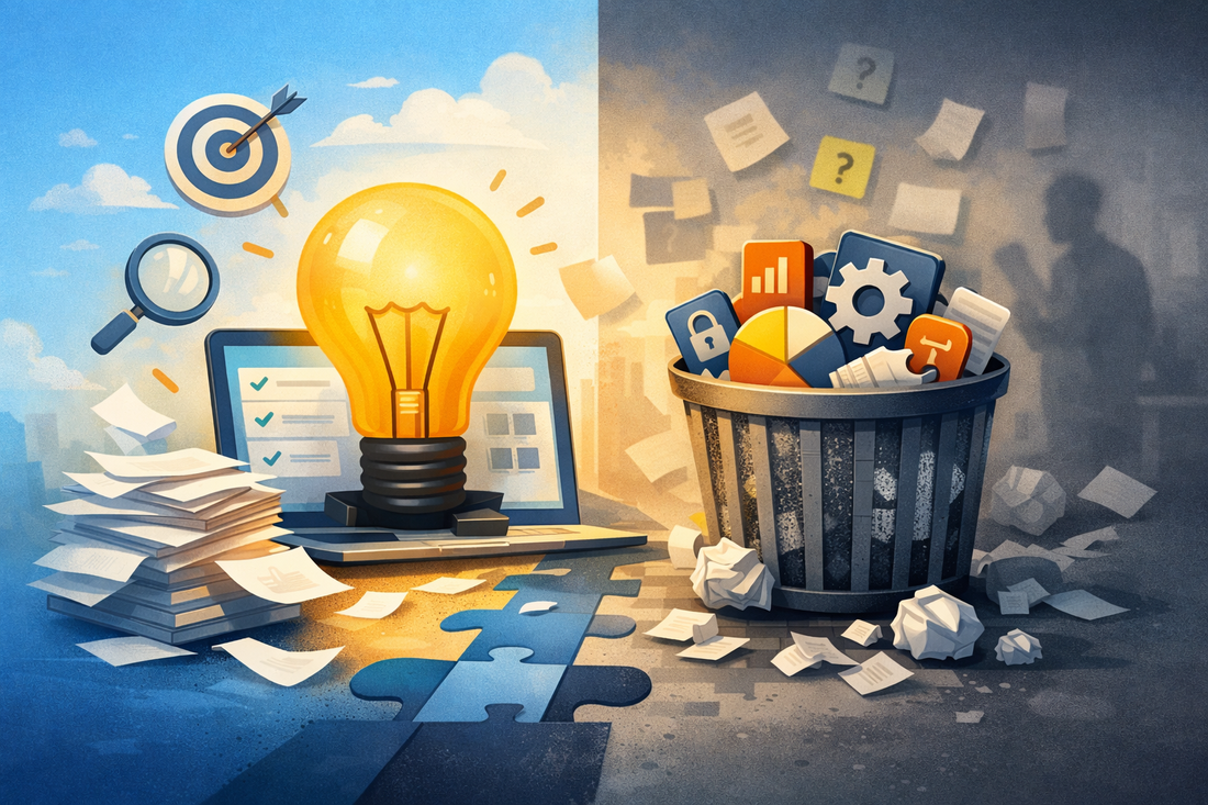 Illustration showing a split scene: on the left, a glowing light bulb emerging from a laptop with checklists, a target, and a magnifying glass symbolizing clarity and focus; on the right, a trash bin filled with charts, settings, and documents representing discarded ideas and unnecessary complexity.