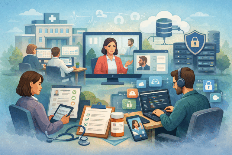 Behavioral health software development concept showing therapists, developers, telehealth sessions, secure cloud infrastructure, and healthcare data security systems.