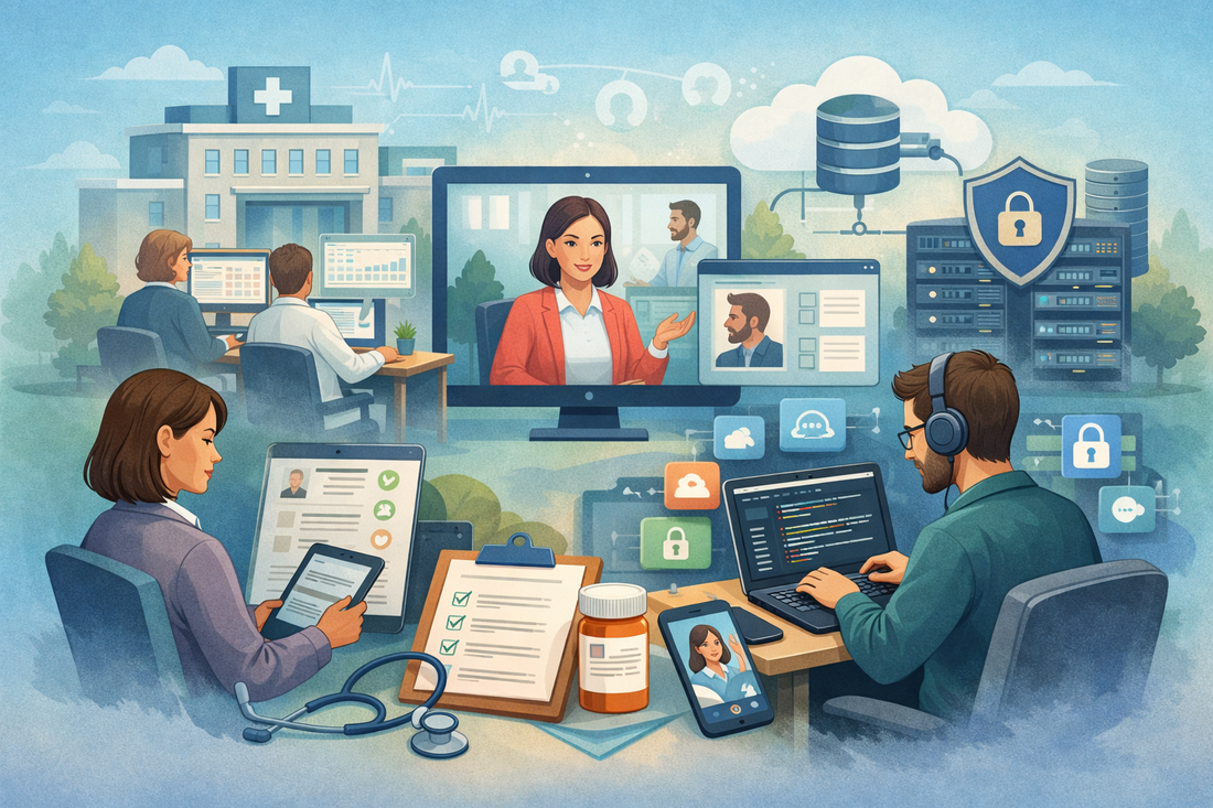 Behavioral health software development concept showing therapists, developers, telehealth sessions, secure cloud infrastructure, and healthcare data security systems.