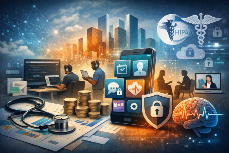 Behavioral health software development concept showing mobile health app interface, security shield, clinicians in therapy session, developers coding, financial charts, and compliance elements representing cost and HIPAA regulations in 2026.