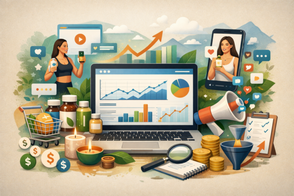 Lifestyle and Wellness Marketing Performance Systems Illustration Illustration showing lifestyle and wellness marketing analytics with laptop dashboard, influencer promotion, health products, and digital growth metrics.