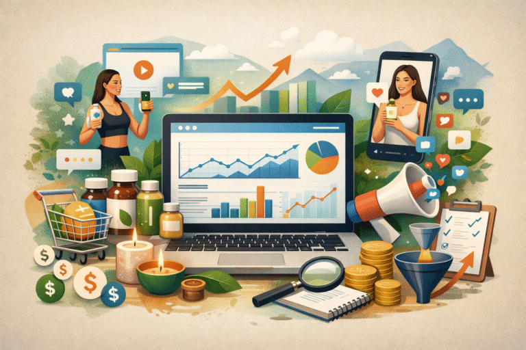 Illustration showing lifestyle and wellness marketing analytics with laptop dashboard, influencer promotion, health products, and digital growth metrics.