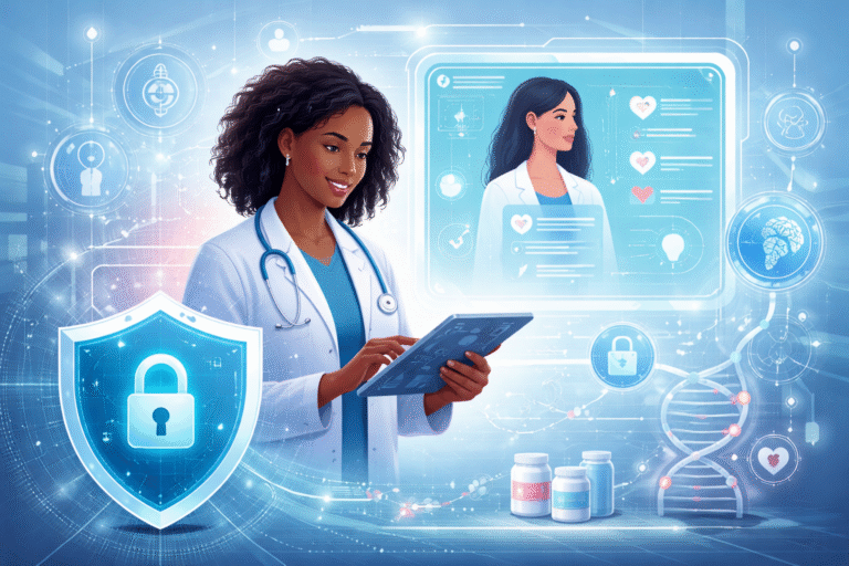 Doctor using digital tablet with secure healthcare data interface and telehealth technology system