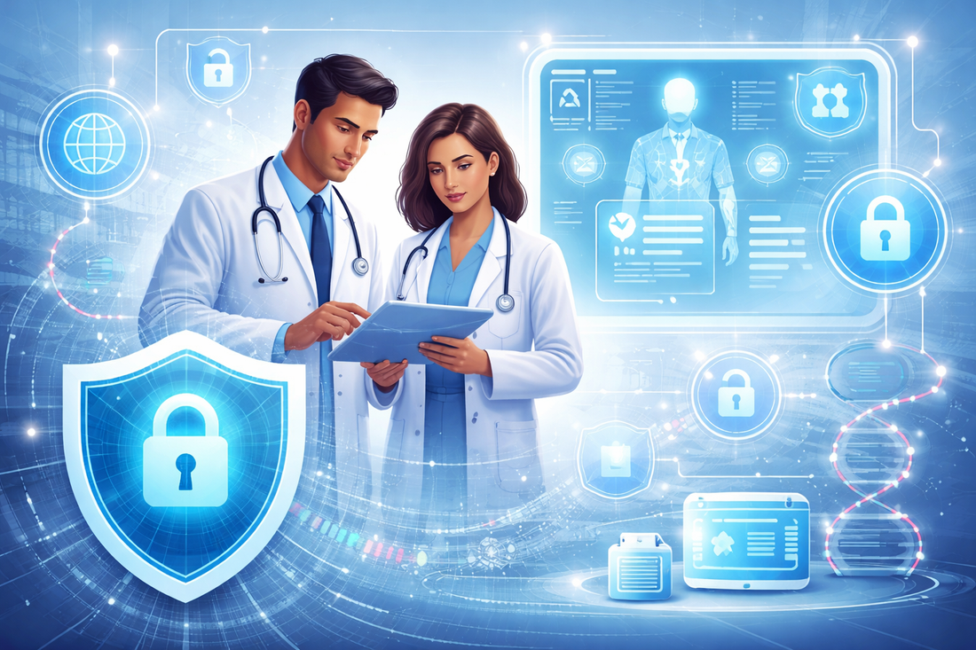 Doctors using a digital tablet with AI-powered healthcare interface, surrounded by data security icons, patient records, and encryption symbols representing secure and privacy-first health technology