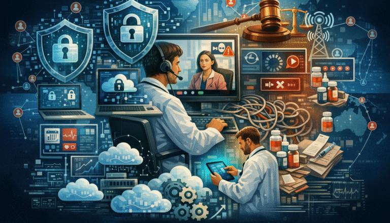 Telemedicine and healthcare data security illustration showing doctors using cloud technology, cybersecurity shields, digital health records, online consultation, and regulatory compliance.