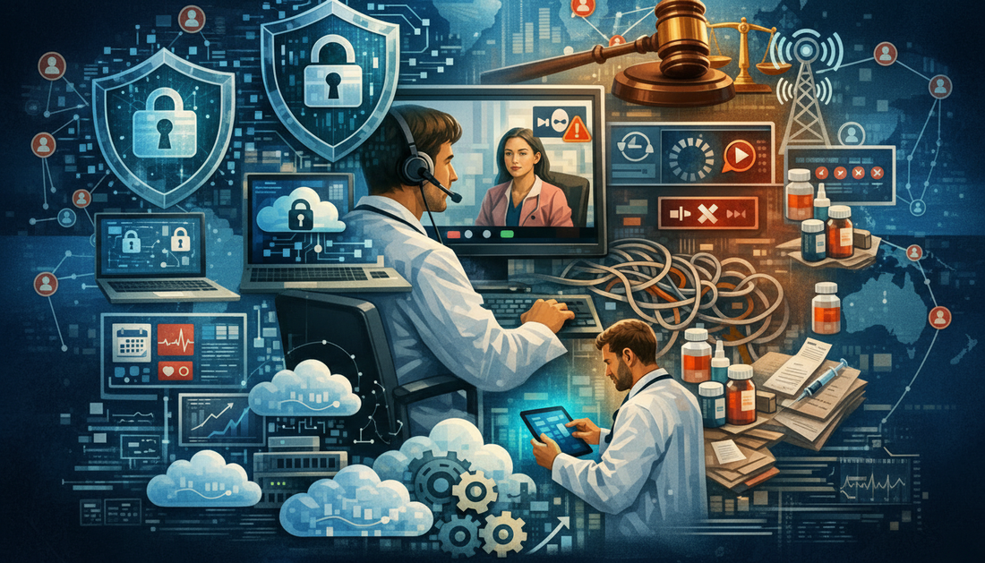 Telemedicine and healthcare data security illustration showing doctors using cloud technology, cybersecurity shields, digital health records, online consultation, and regulatory compliance.