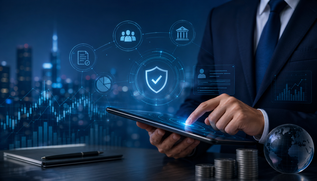 Business professional using tablet with digital security shield and financial data visualization interface.