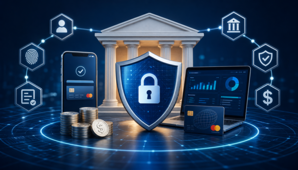 Illustration of secure fintech MVP infrastructure with digital banking system, encryption shield, payment processing, and compliance elements