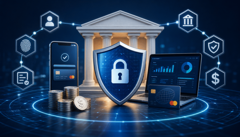 Illustration of secure fintech MVP infrastructure with digital banking system, encryption shield, payment processing, and compliance elements