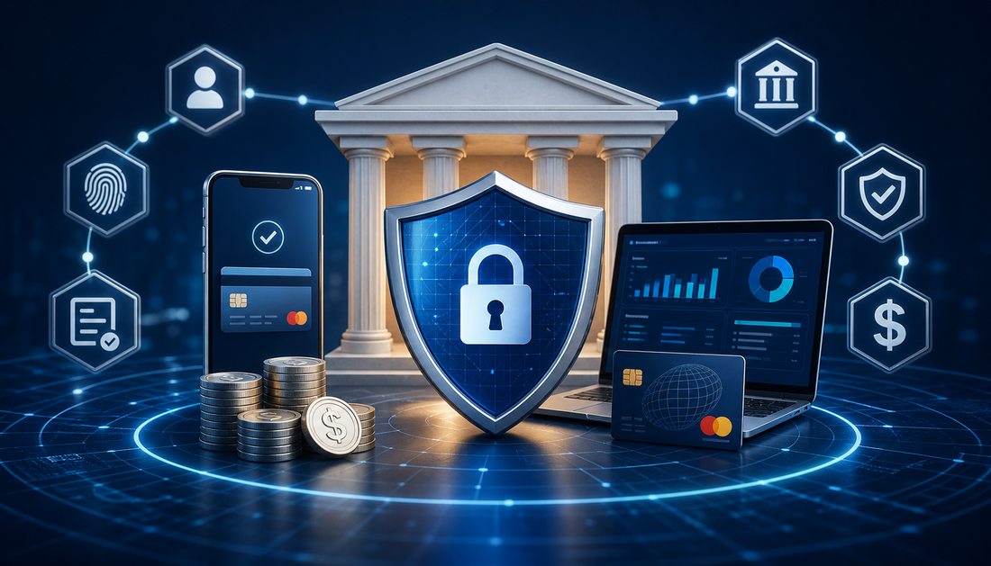Illustration of secure fintech MVP infrastructure with digital banking system, encryption shield, payment processing, and compliance elements