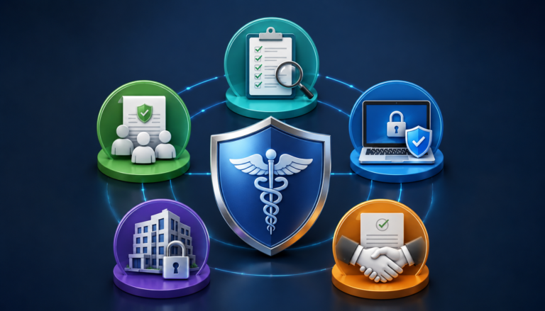 Modern healthcare cybersecurity illustration showing “The Founder’s HIPAA Checklist” with HIPAA compliance and security icons on a dark blue background