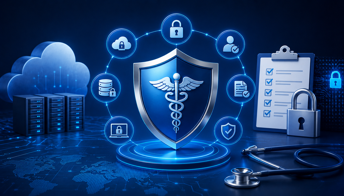 Futuristic healthcare cybersecurity illustration showing HIPAA compliance, encrypted health data systems, cloud security, and digital protection infrastructure.
