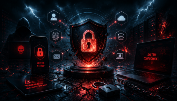 Dramatic cybersecurity illustration showing a cracked security shield, glowing red padlock, hacker silhouette, compromised systems, and digital health data security threats in a futuristic environment.