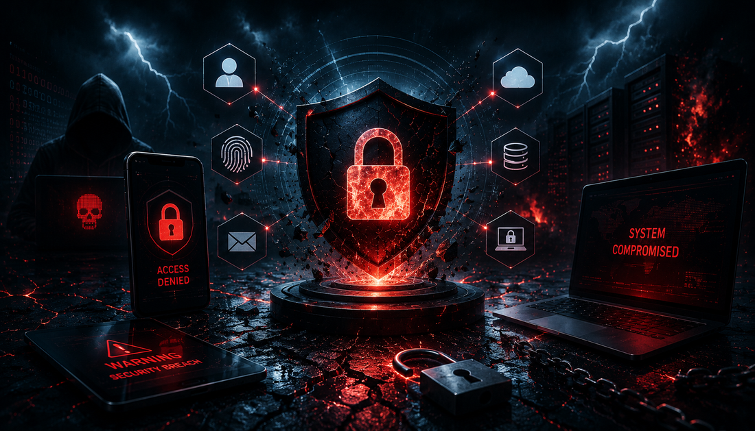 Dramatic cybersecurity illustration showing a cracked security shield, glowing red padlock, hacker silhouette, compromised systems, and digital health data security threats in a futuristic environment.