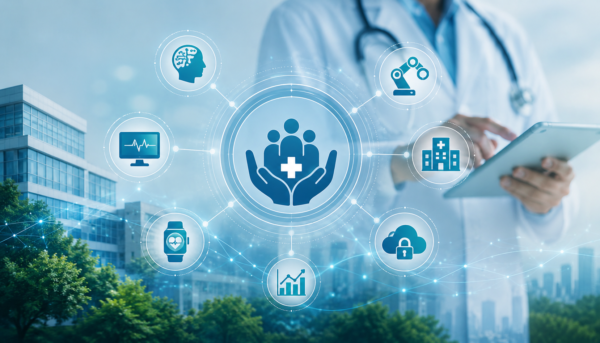 Sustainable Healthcare Systems Powered by AI and Automation Digital healthcare ecosystem with AI, automation, remote patient monitoring, predictive analytics, and interconnected healthcare systems supporting sustainable care delivery.