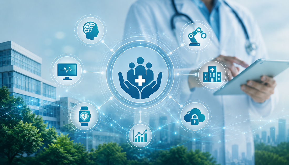 Digital healthcare ecosystem with AI, automation, remote patient monitoring, predictive analytics, and interconnected healthcare systems supporting sustainable care delivery.