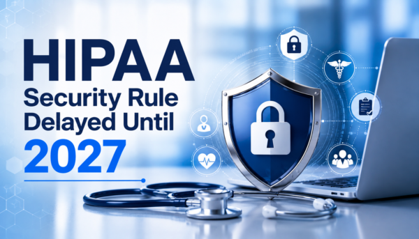 HIPAA Security Rule Delayed Until 2027 Healthcare Cybersecurity Update Healthcare cybersecurity illustration showing a secure digital shield, medical equipment, and laptop representing the HIPAA Security Rule delay until 2027 and future compliance preparation.