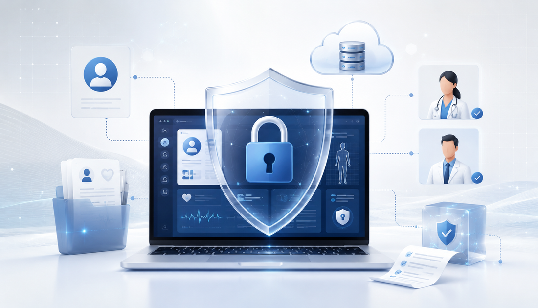 Secure healthcare software dashboard protecting patient data with access controls and cloud security