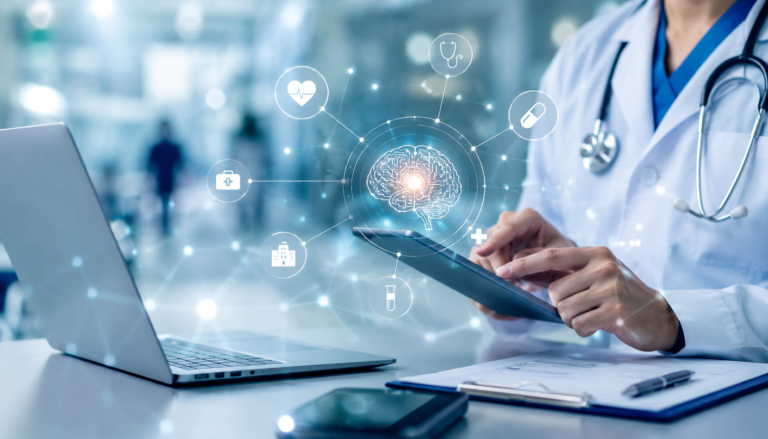 Healthcare professional using a tablet with AI-powered medical interface, representing responsible artificial intelligence adoption in healthcare.