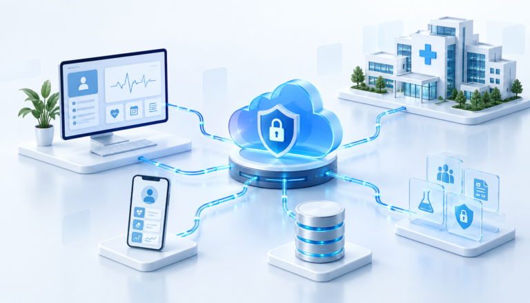 Connected healthcare software architecture showing a secure cloud, patient portal, mobile health app, hospital system and database.