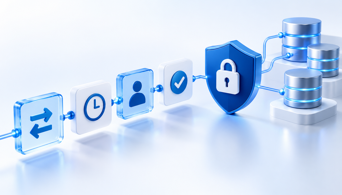 Connected transaction records, a security shield and database storage illustrating secure financial audit trails.